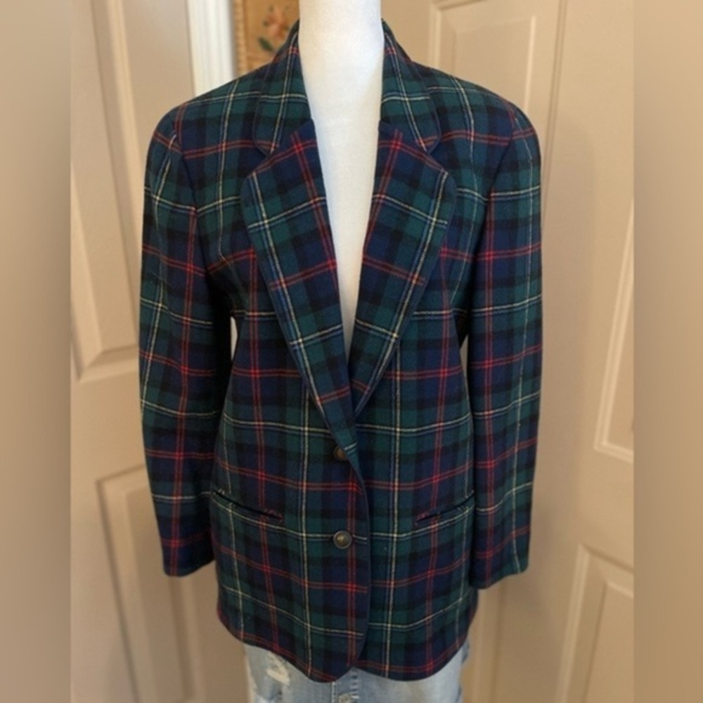 Pendleton 100% wool blue & green tartan plaid blazer pockets brass buttons PM.